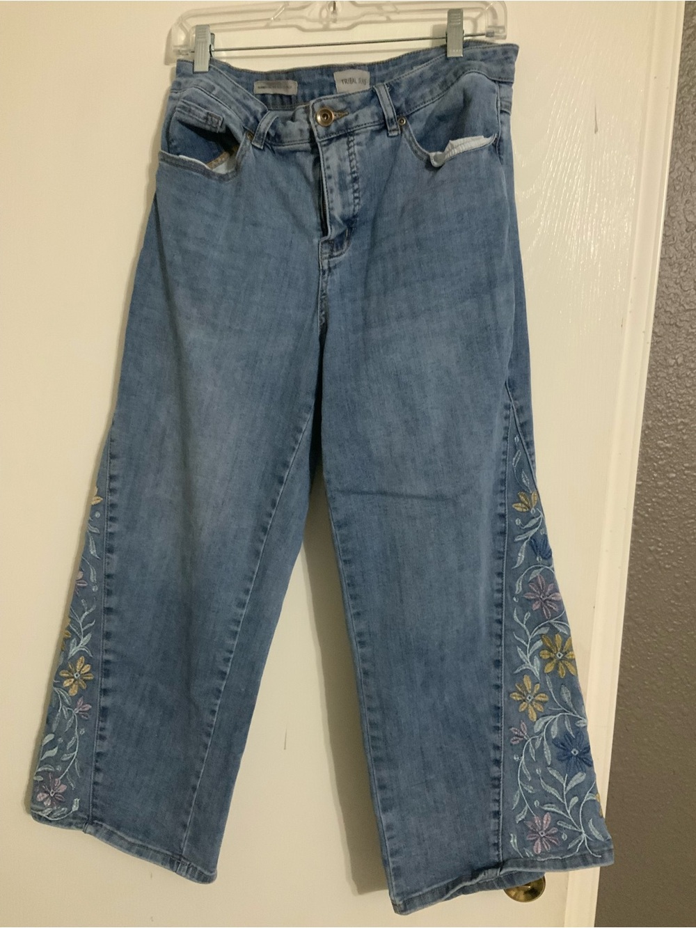 Tribal Light Blue Embroidered Wide-Leg Jeans